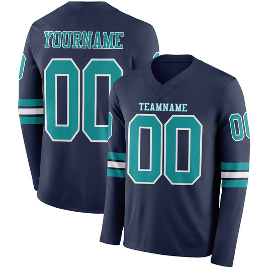 Custom Navy Teal-White Long Sleeve Authentic Football Jersey - Main View