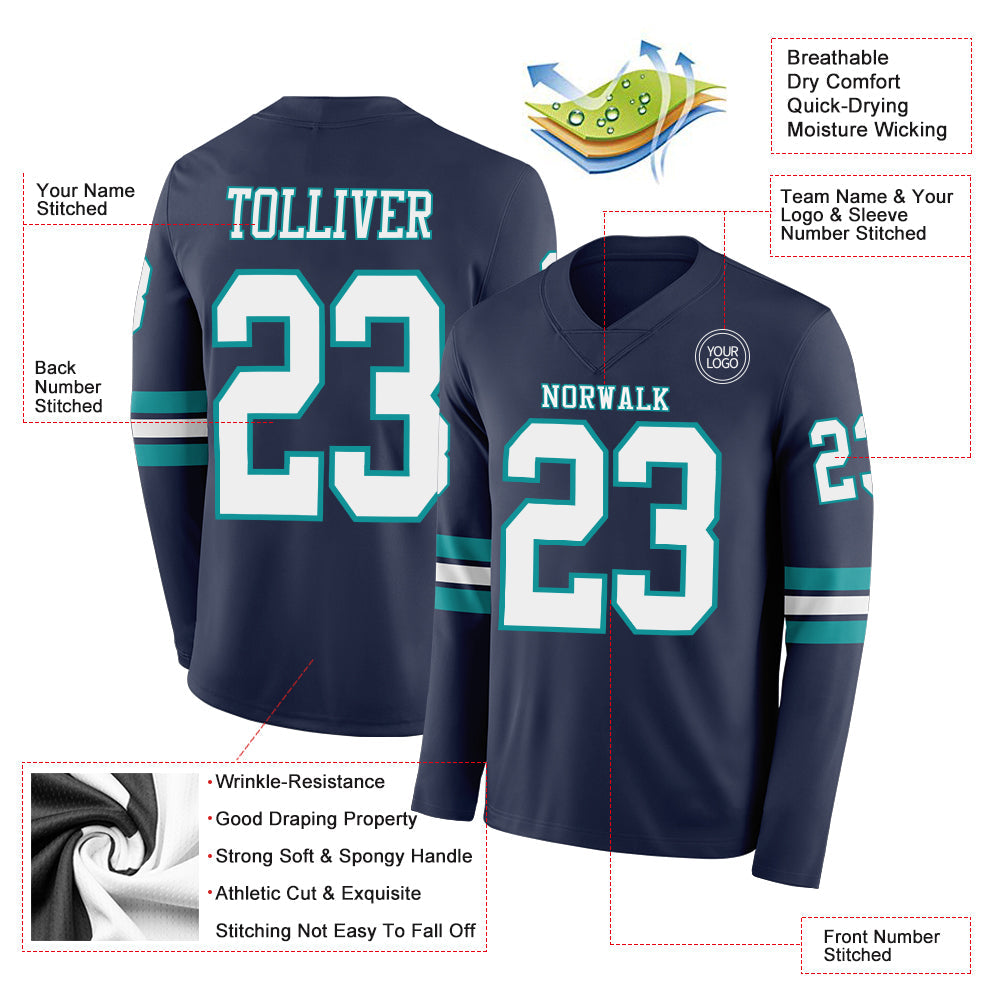 Custom Navy White-Teal Long Sleeve Authentic Football Jersey view 2