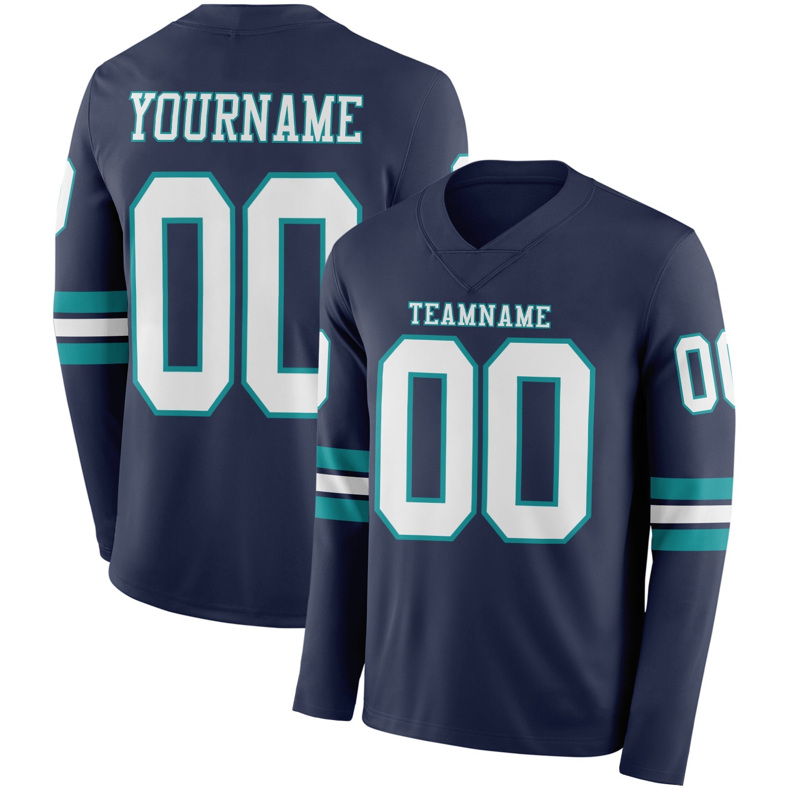 Custom Navy White-Teal Long Sleeve Authentic Football Jersey - Main View