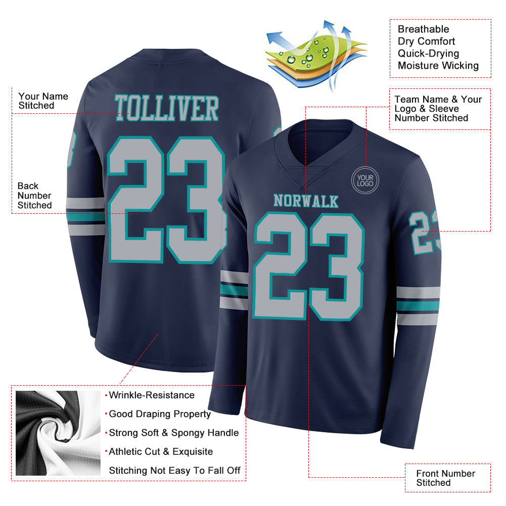 Custom Navy Gray-Teal Long Sleeve Authentic Football Jersey view 2