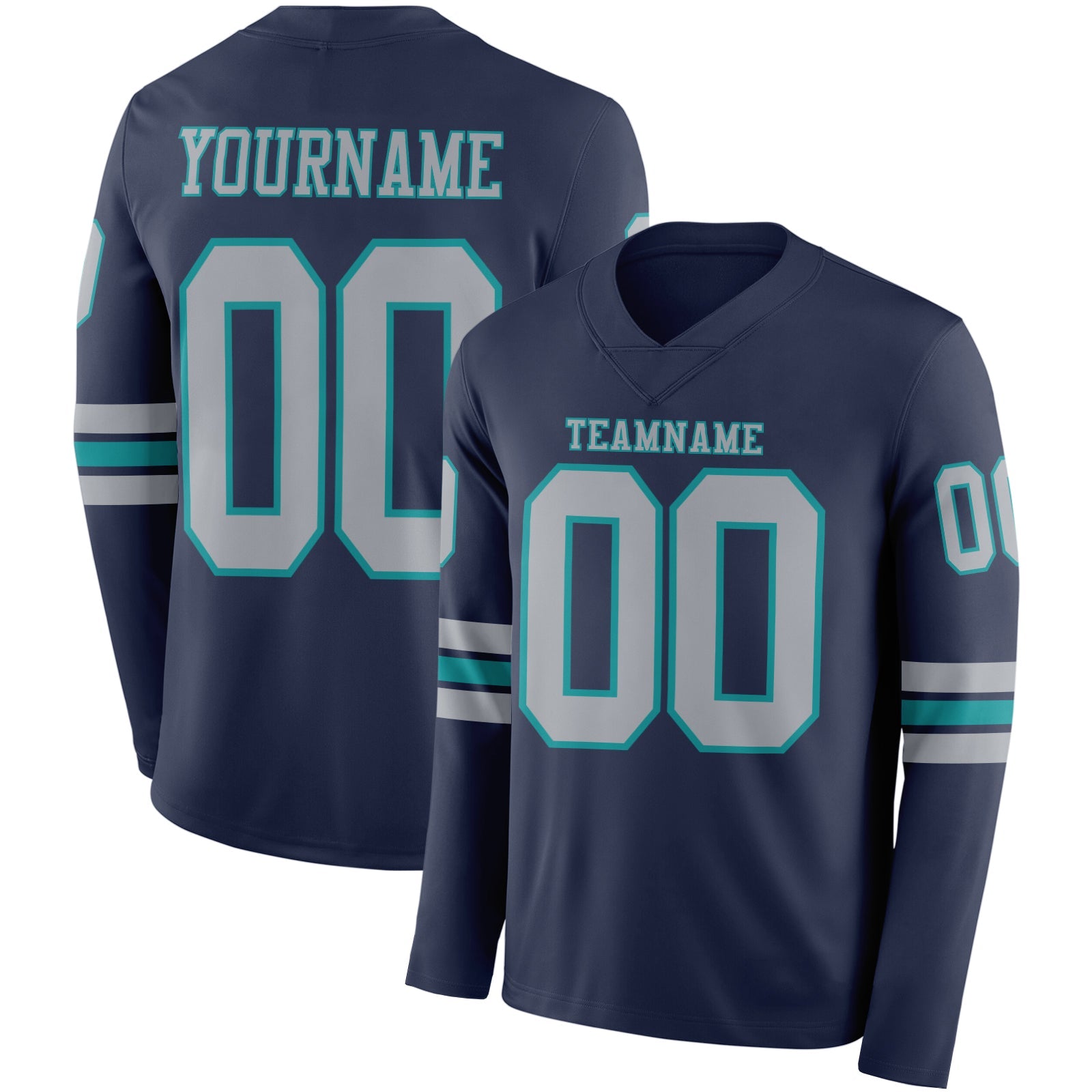 Custom Navy Gray-Teal Long Sleeve Authentic Football Jersey - Main View