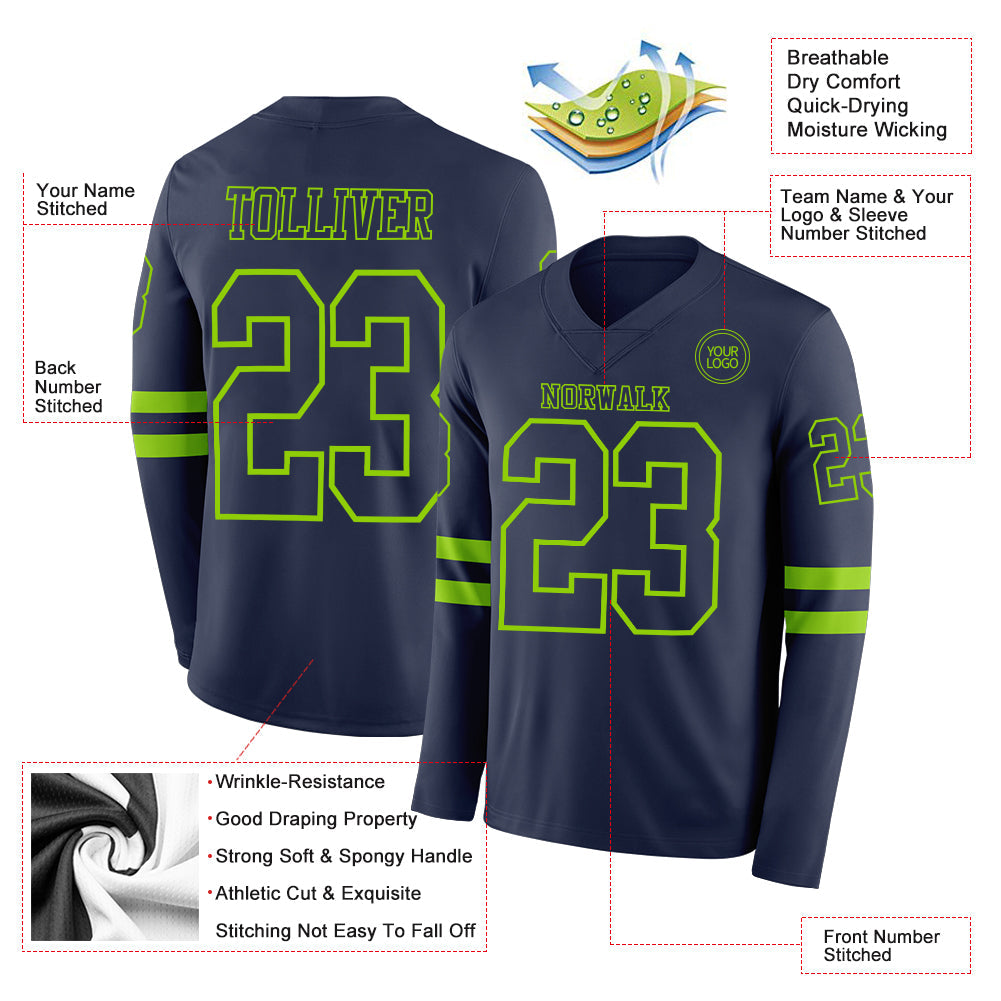 Custom Navy Neon Green Long Sleeve Authentic Football Jersey view 2