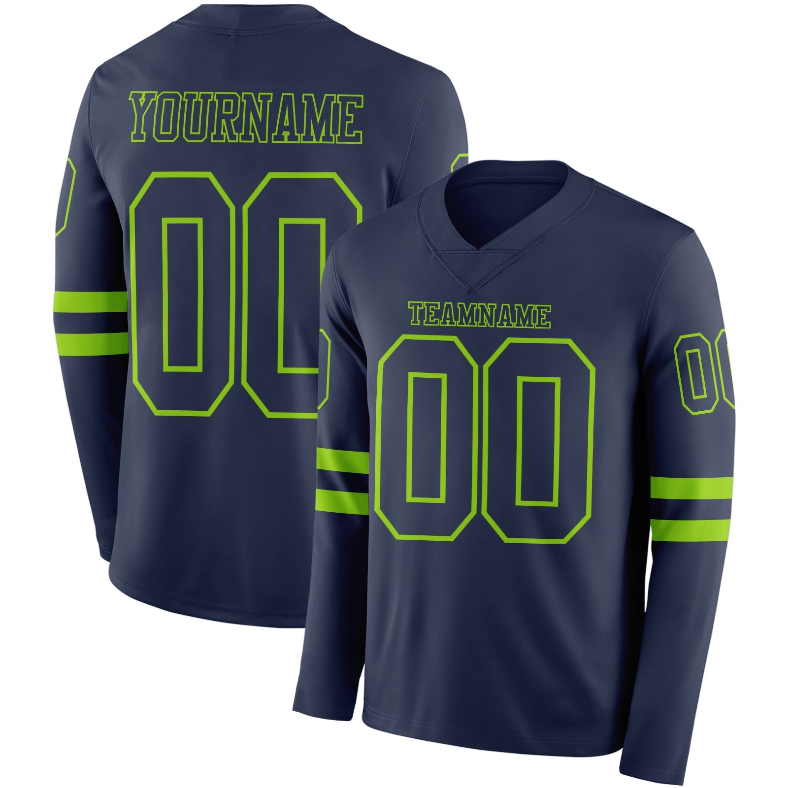 Custom Navy Neon Green Long Sleeve Authentic Football Jersey - Main View