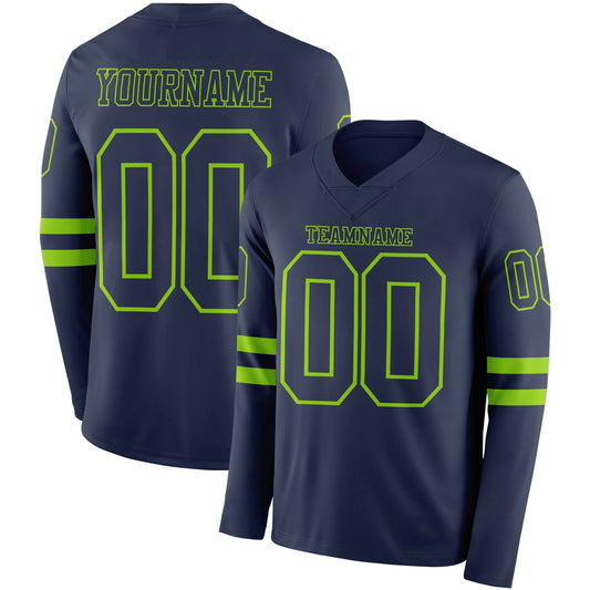 Custom Navy Neon Green Long Sleeve Authentic Football Jersey - Main View