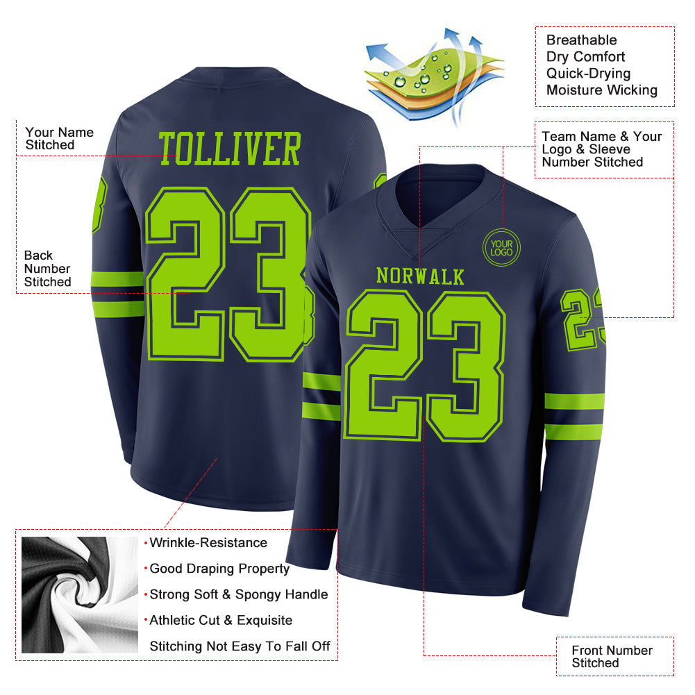 Custom Navy Neon Green Long Sleeve Authentic Football Jersey view 2