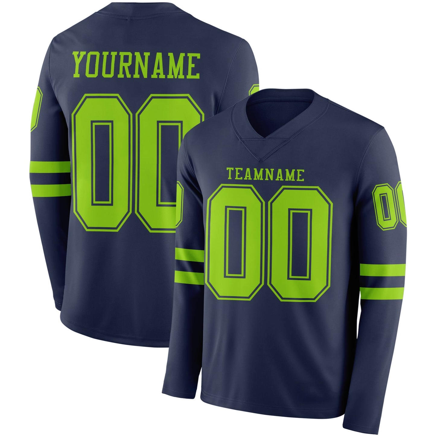 Custom Navy Neon Green Long Sleeve Authentic Football Jersey - Main View