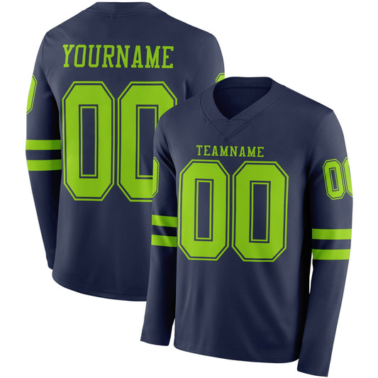 Custom Navy Neon Green Long Sleeve Authentic Football Jersey - Main View