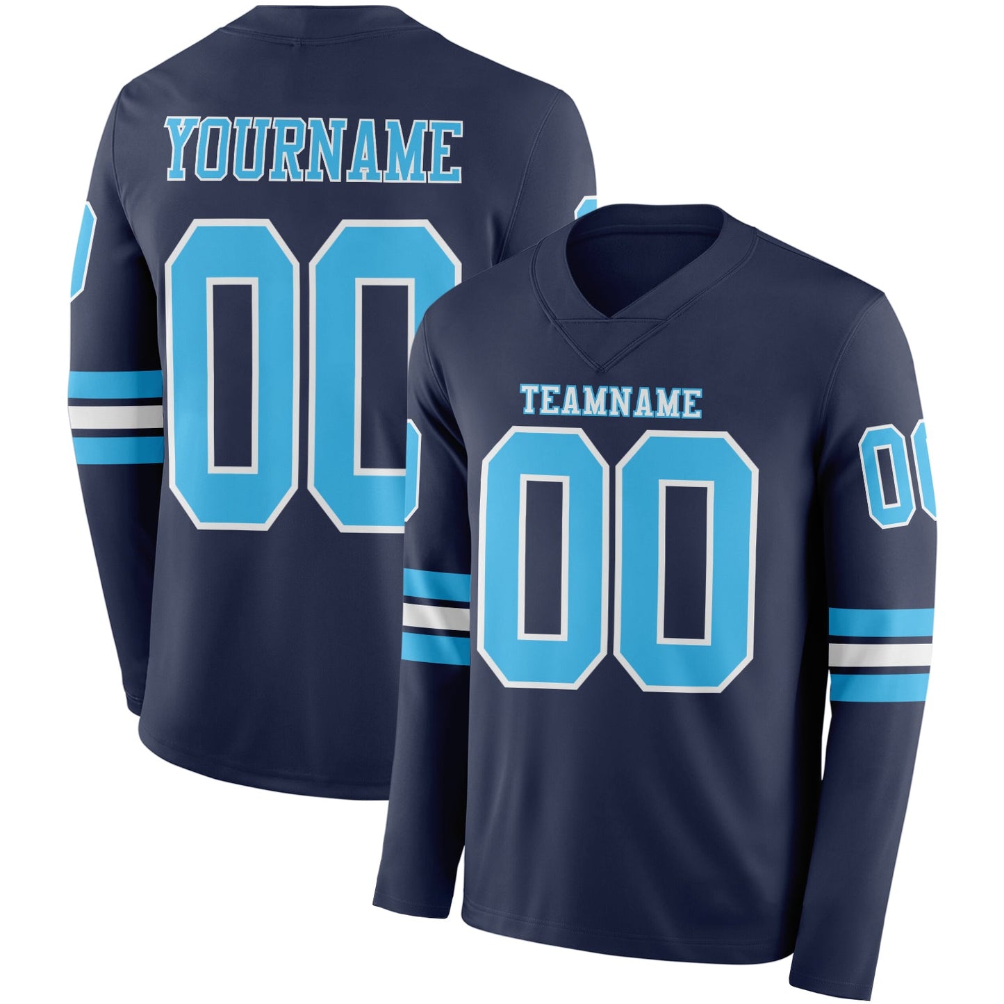 Custom Navy Sky Blue-White Long Sleeve Authentic Football Jersey - Main View