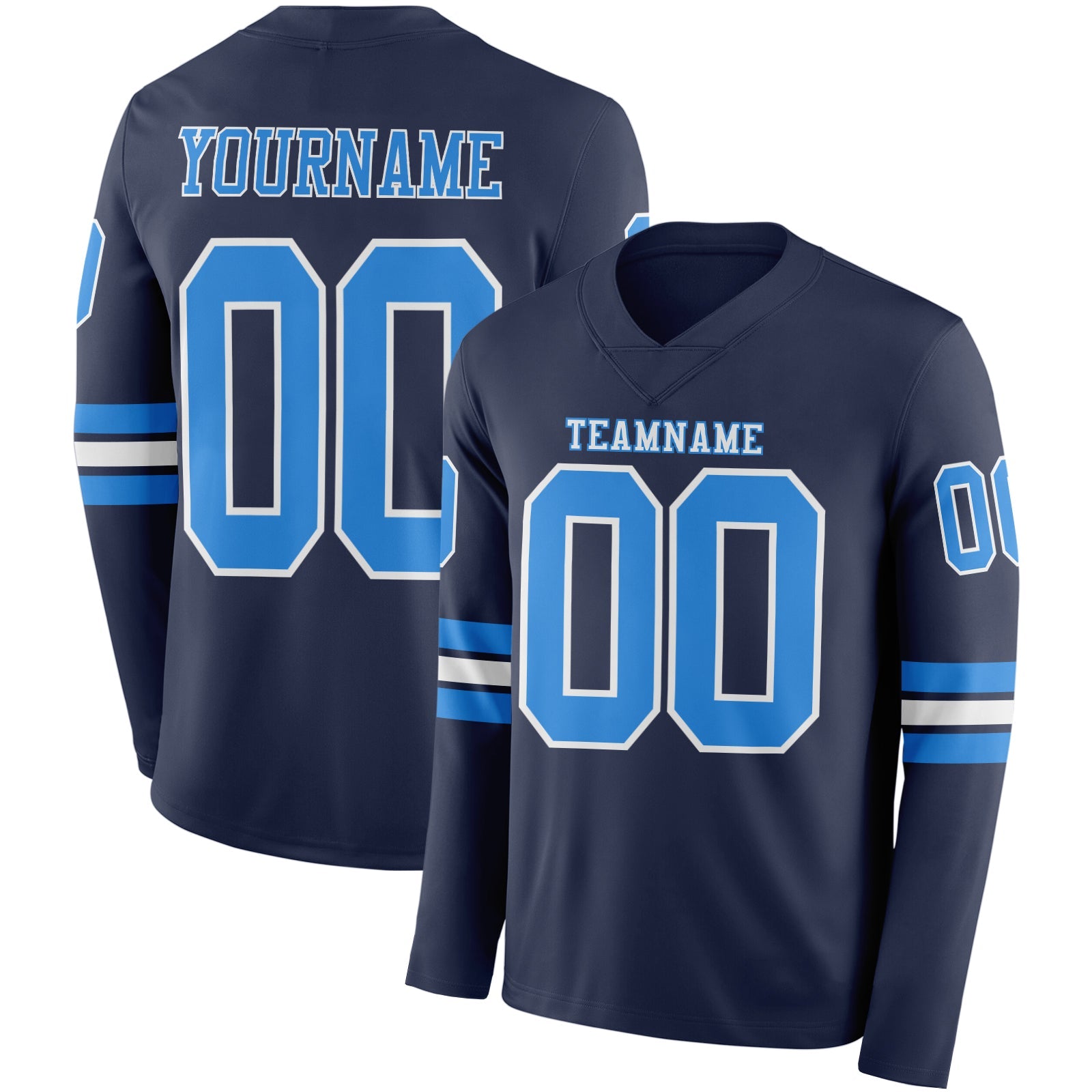 Custom Navy Powder Blue-White Long Sleeve Authentic Football Jersey - Main View