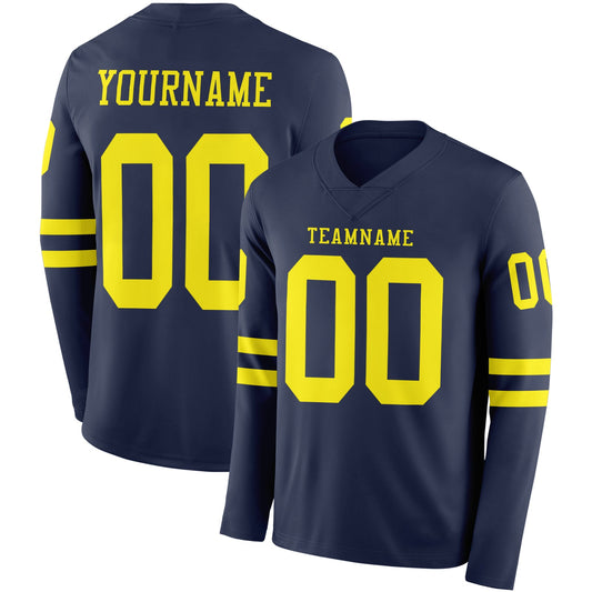 Custom Navy Light Yellow Long Sleeve Authentic Football Jersey - Main View