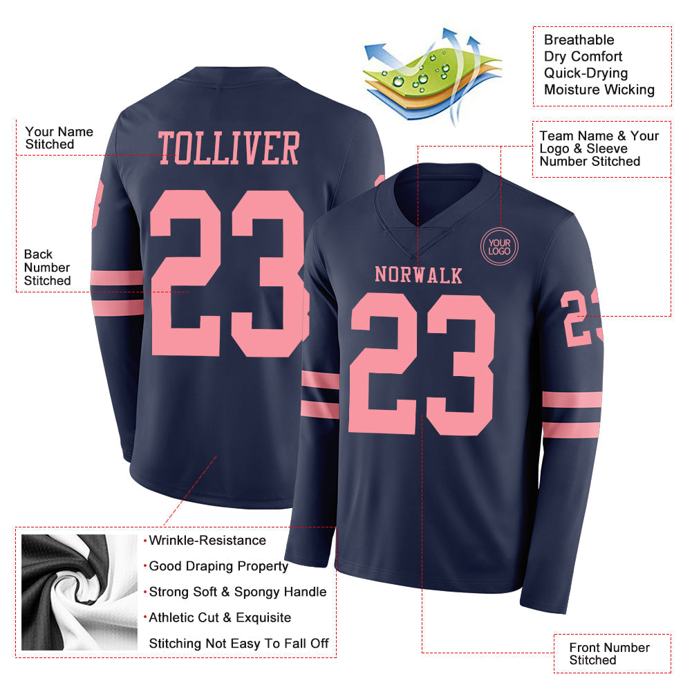 Custom Navy Medium Pink Long Sleeve Authentic Football Jersey view 2