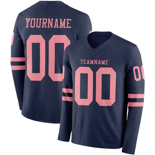 Custom Navy Medium Pink Long Sleeve Authentic Football Jersey - Main View