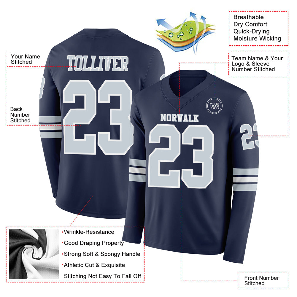 Custom Navy Silver-White Long Sleeve Authentic Football Jersey view 2