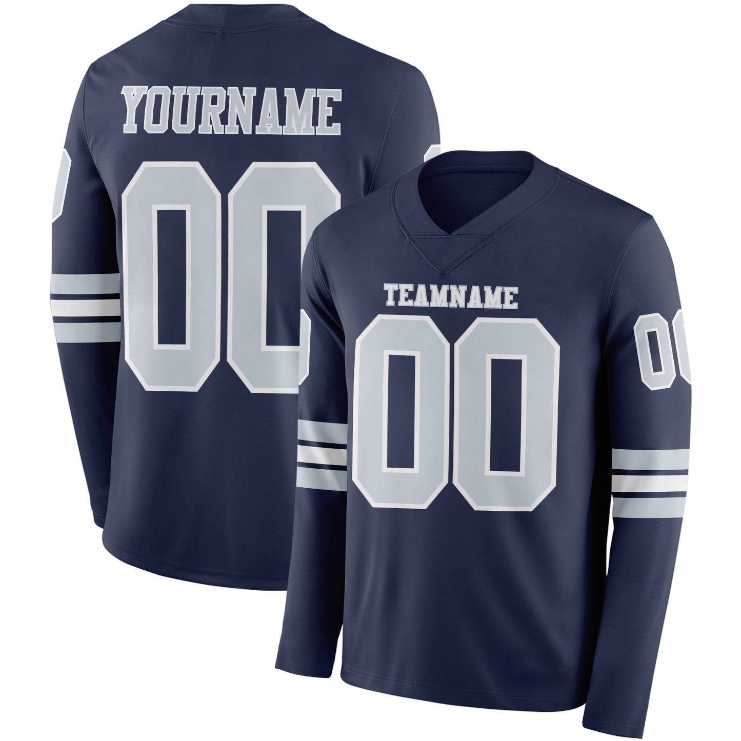 Custom Navy Silver-White Long Sleeve Authentic Football Jersey - Main View