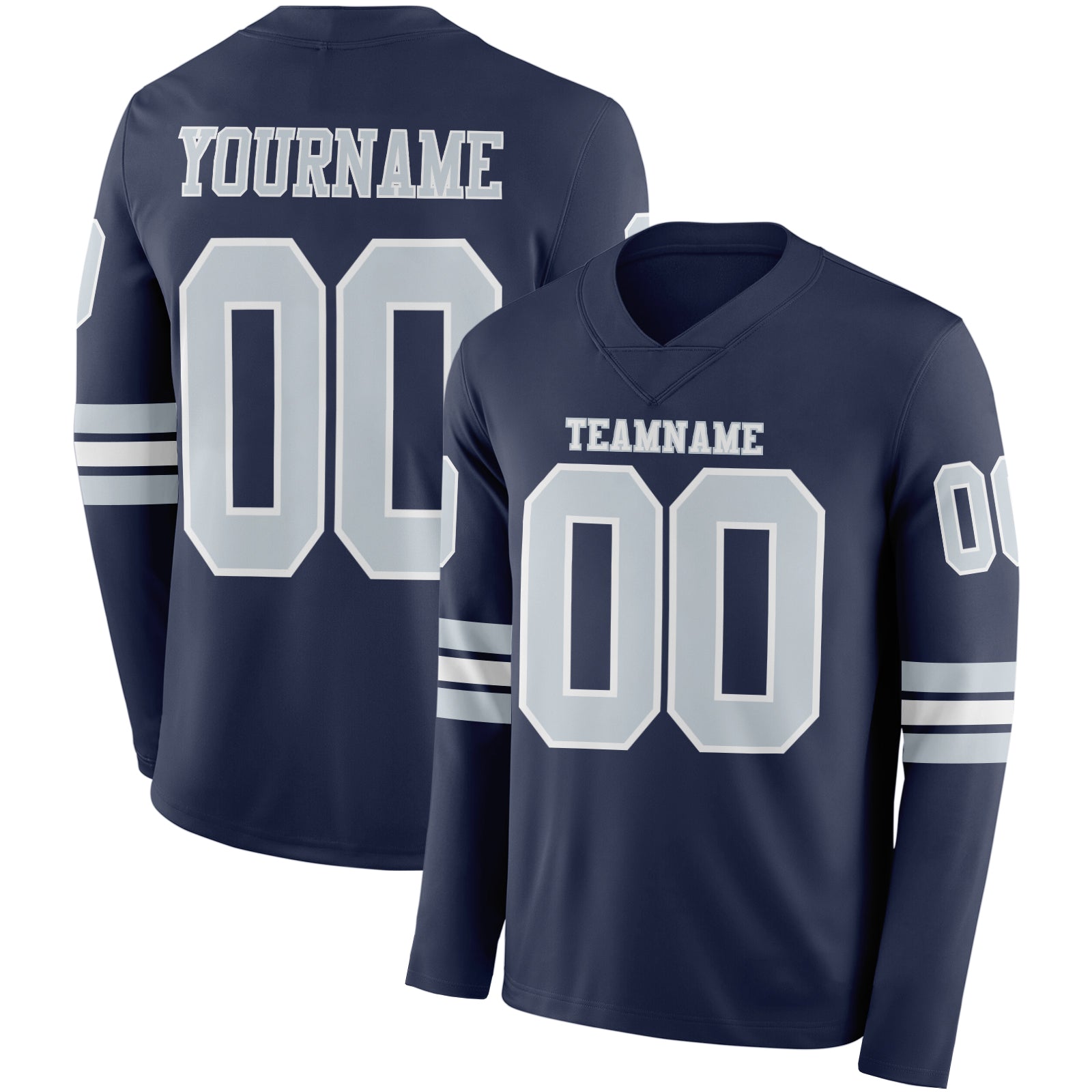Custom Navy Silver-White Long Sleeve Authentic Football Jersey - Main View