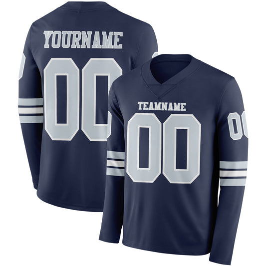 Custom Navy Silver-White Long Sleeve Authentic Football Jersey - Main View
