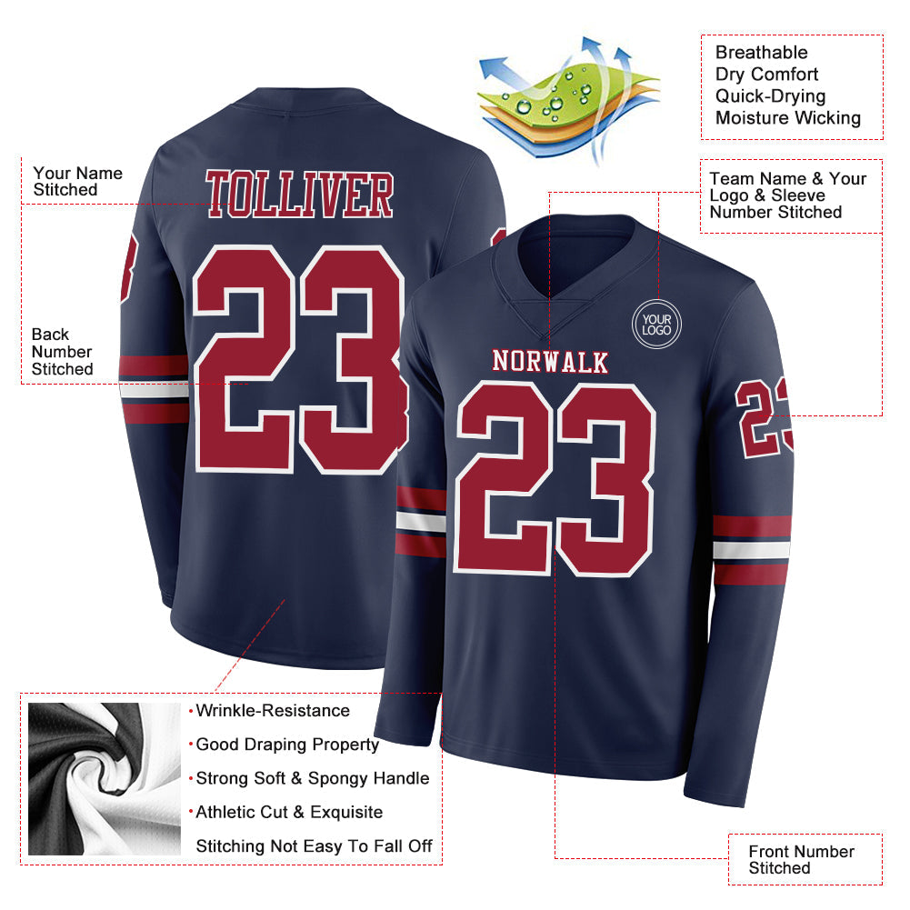 Custom Navy Cardinal-White Long Sleeve Authentic Football Jersey view 2