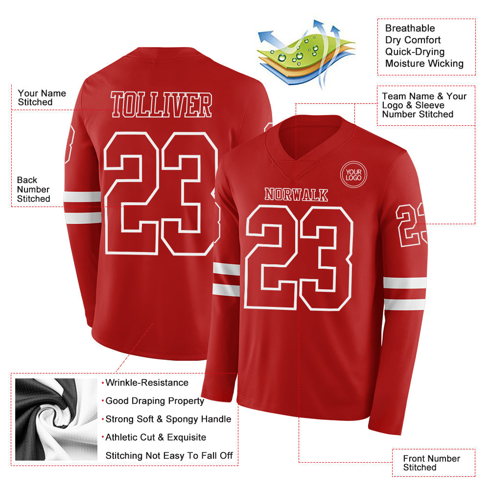 Custom Red White Long Sleeve Authentic Football Jersey view 2