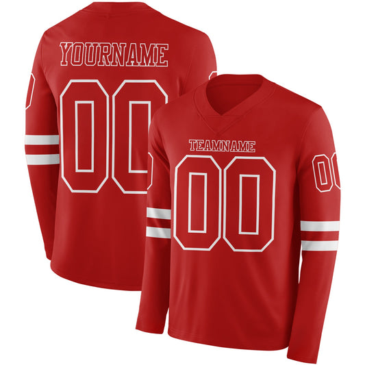 Custom Red White Long Sleeve Authentic Football Jersey - Main View