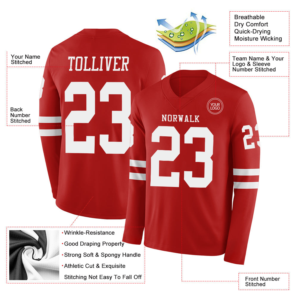 Custom Red White Long Sleeve Authentic Football Jersey view 2
