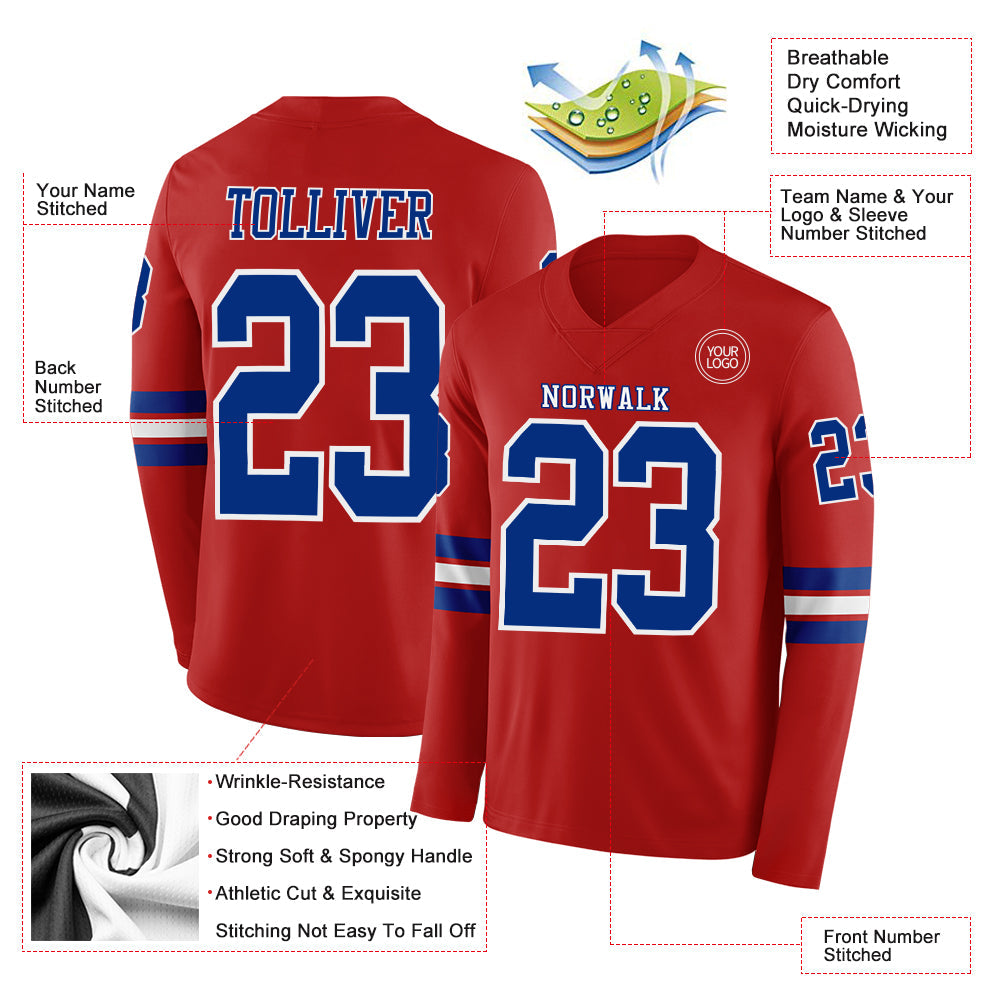 Custom Red Royal-White Long Sleeve Authentic Football Jersey view 2