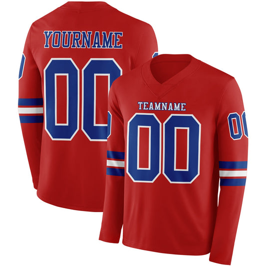 Custom Red Royal-White Long Sleeve Authentic Football Jersey - Main View