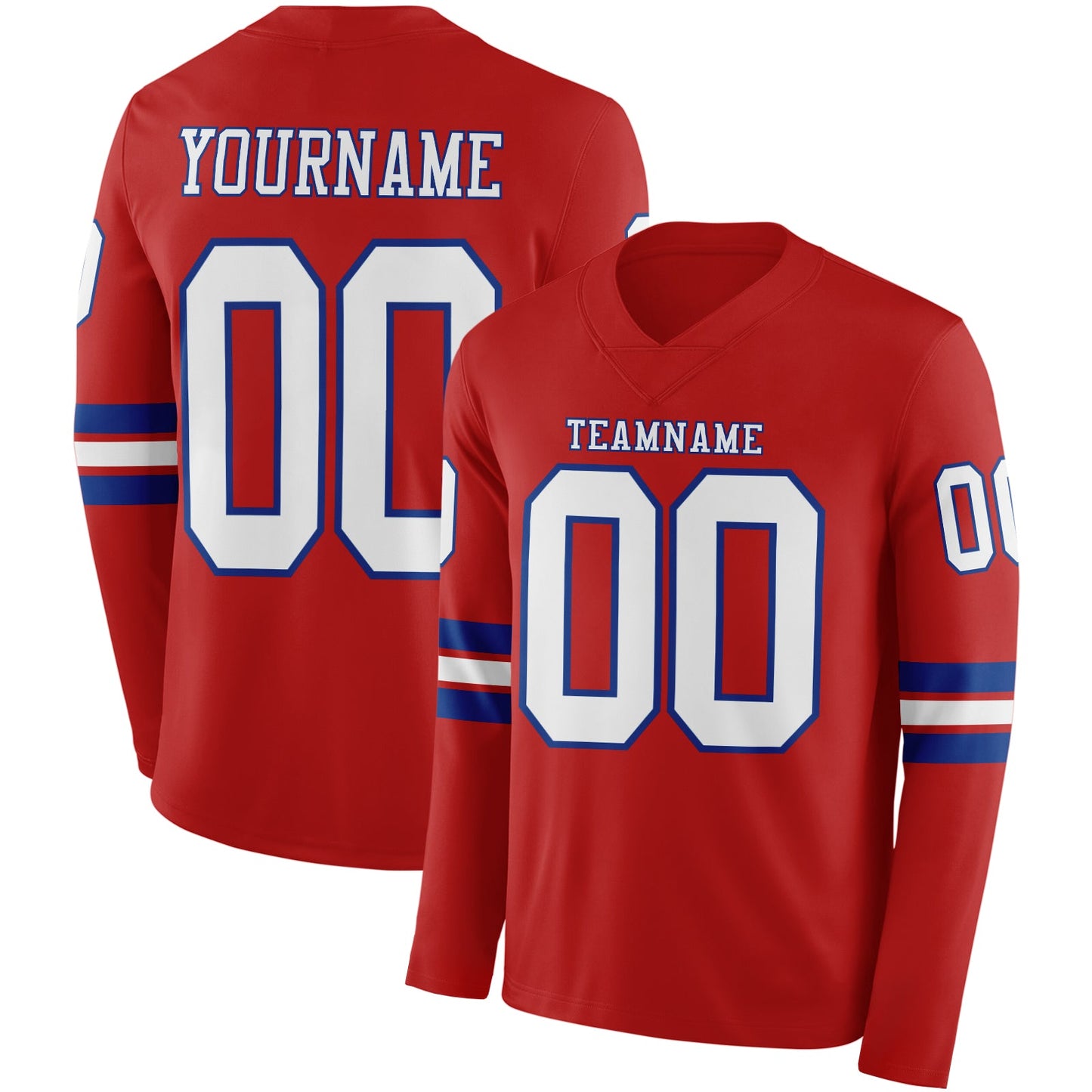 Custom Red White-Royal Long Sleeve Authentic Football Jersey - Main View