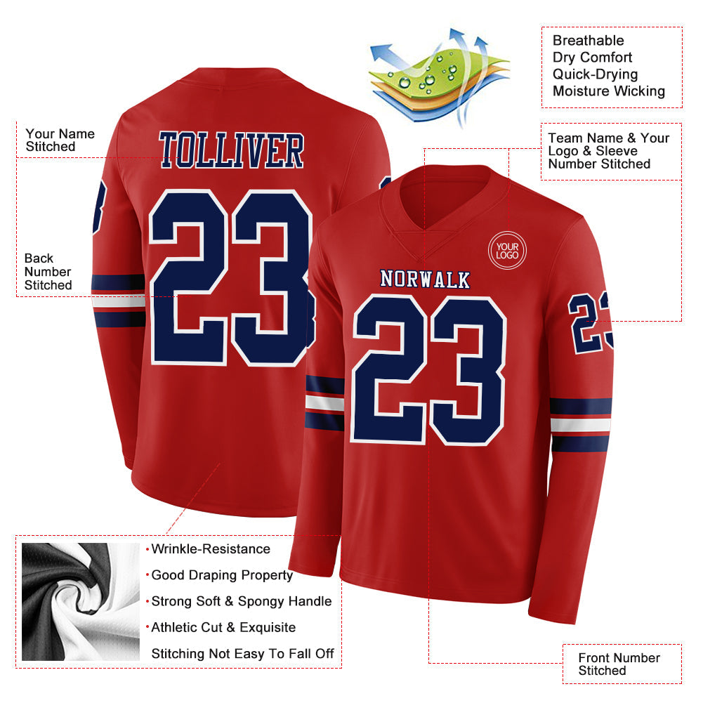 Custom Red Navy-White Long Sleeve Authentic Football Jersey view 2