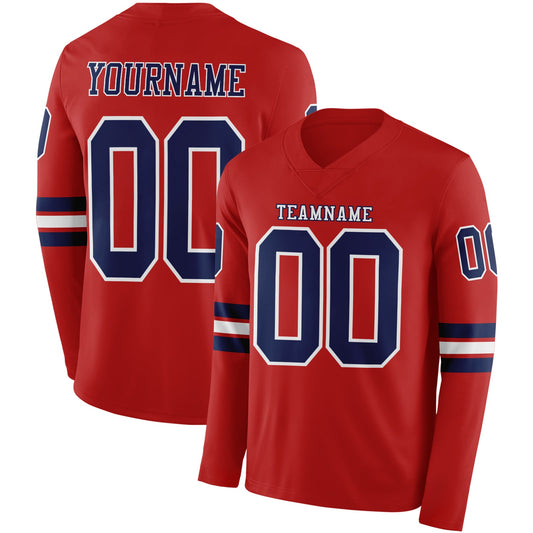 Custom Red Navy-White Long Sleeve Authentic Football Jersey - Main View