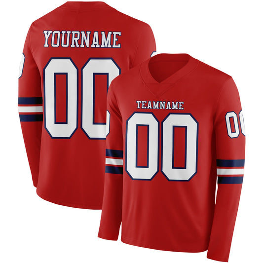 Custom Red White-Navy Long Sleeve Authentic Football Jersey - Main View