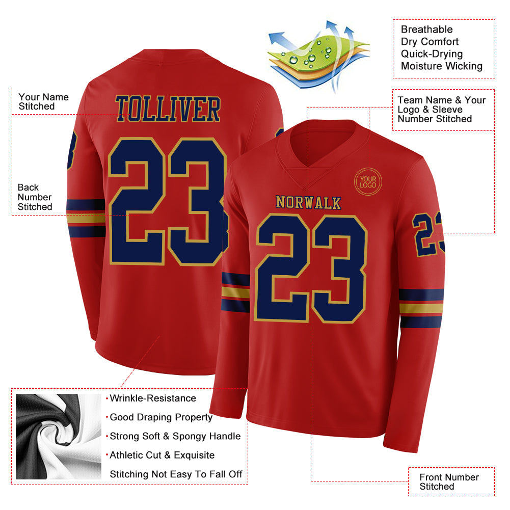 Custom Red Navy-Old Gold Long Sleeve Authentic Football Jersey view 2