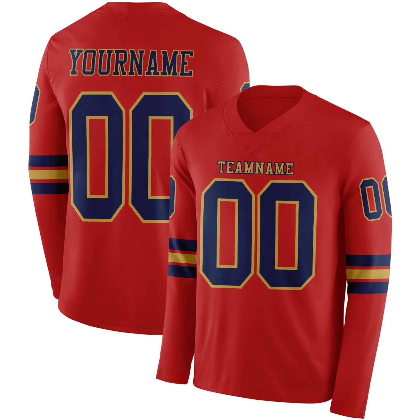 Custom Red Navy-Old Gold Long Sleeve Authentic Football Jersey - Main View