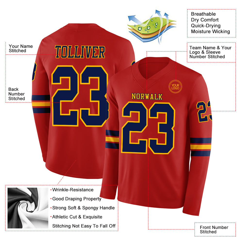 Custom Red Navy-Gold Long Sleeve Authentic Football Jersey view 2