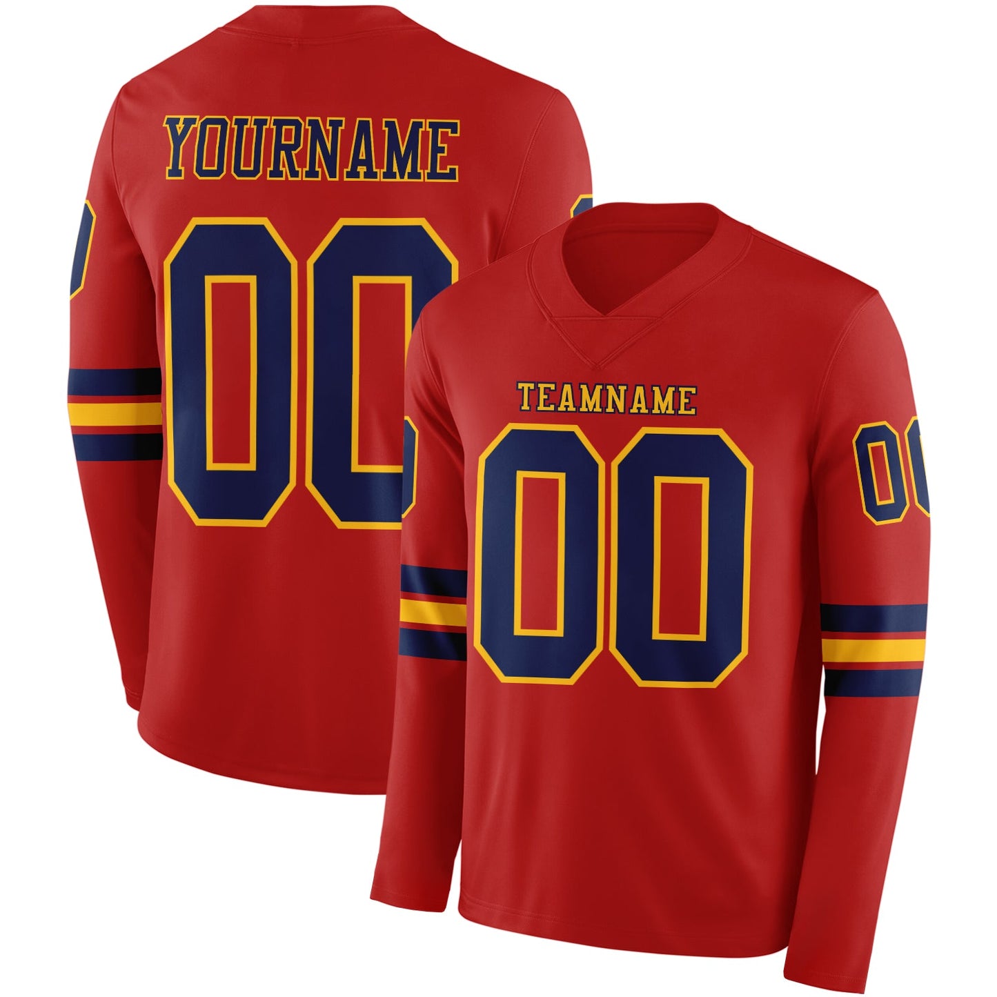 Custom Red Navy-Gold Long Sleeve Authentic Football Jersey - Main View