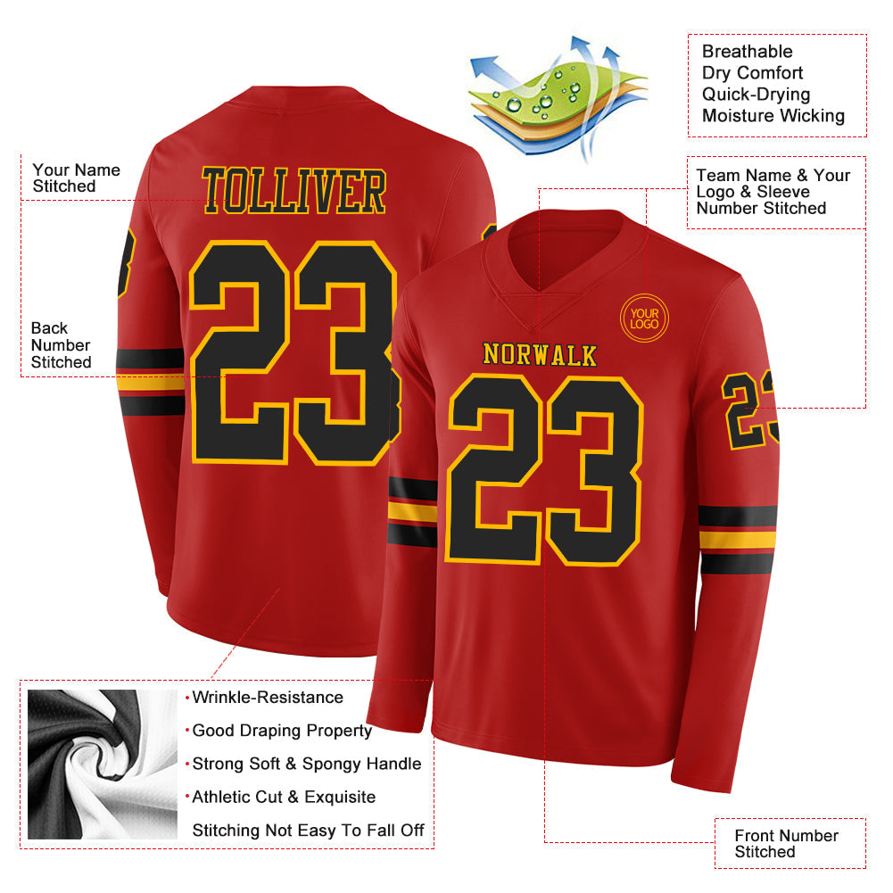 Custom Red Black-Gold Long Sleeve Authentic Football Jersey view 2