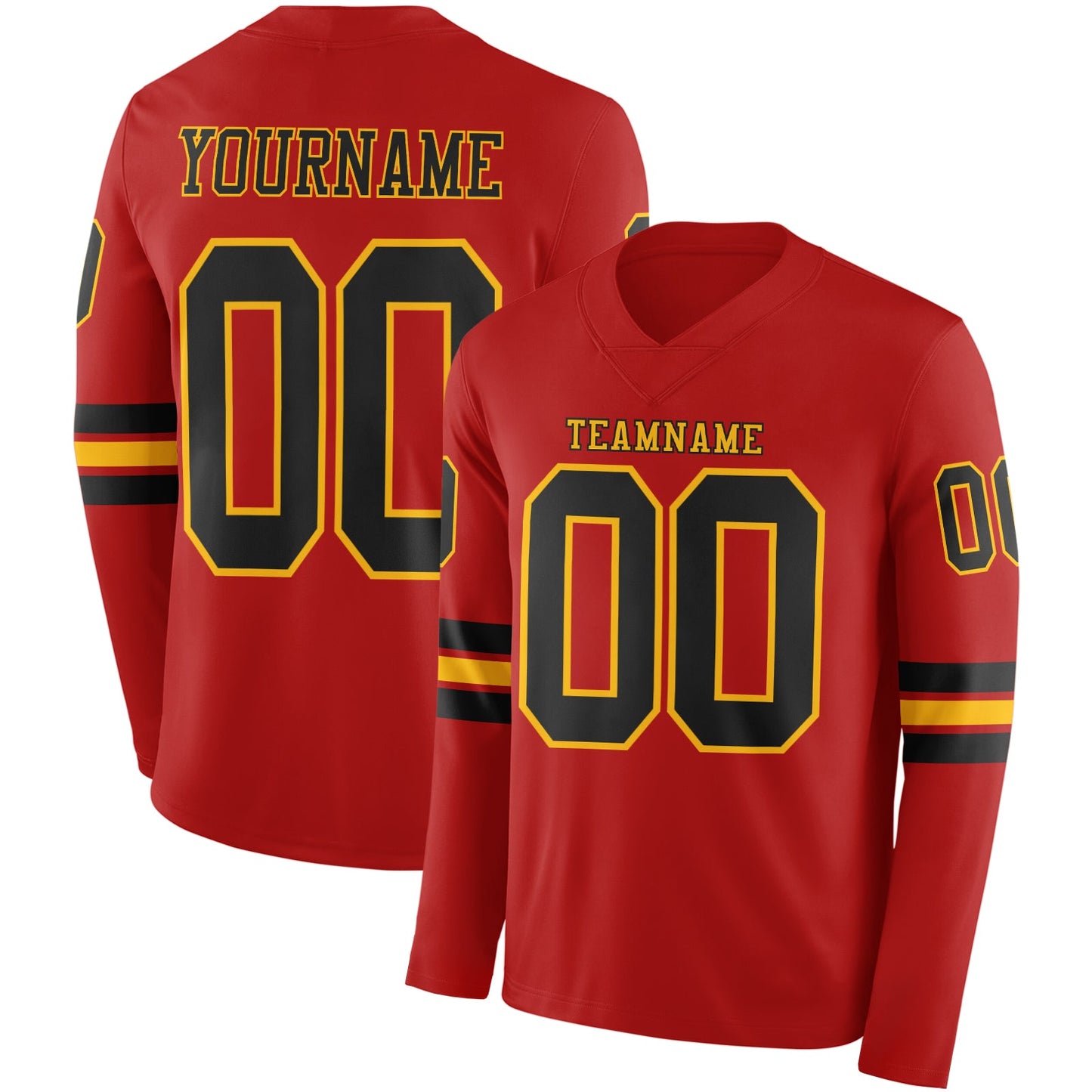 Custom Red Black-Gold Long Sleeve Authentic Football Jersey - Main View