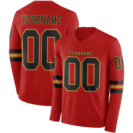 Custom Red Black-Old Gold Long Sleeve Authentic Football Jersey - Main View