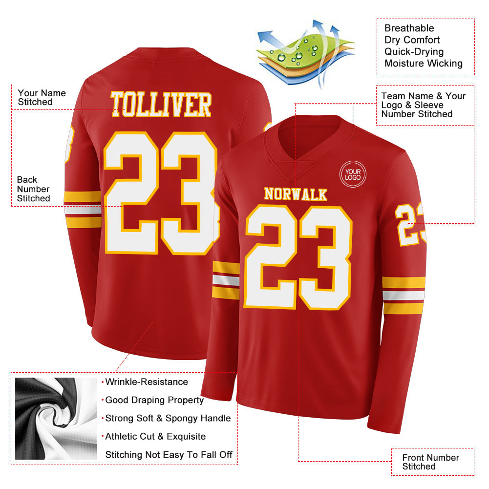Custom Red White-Gold Long Sleeve Authentic Football Jersey view 2