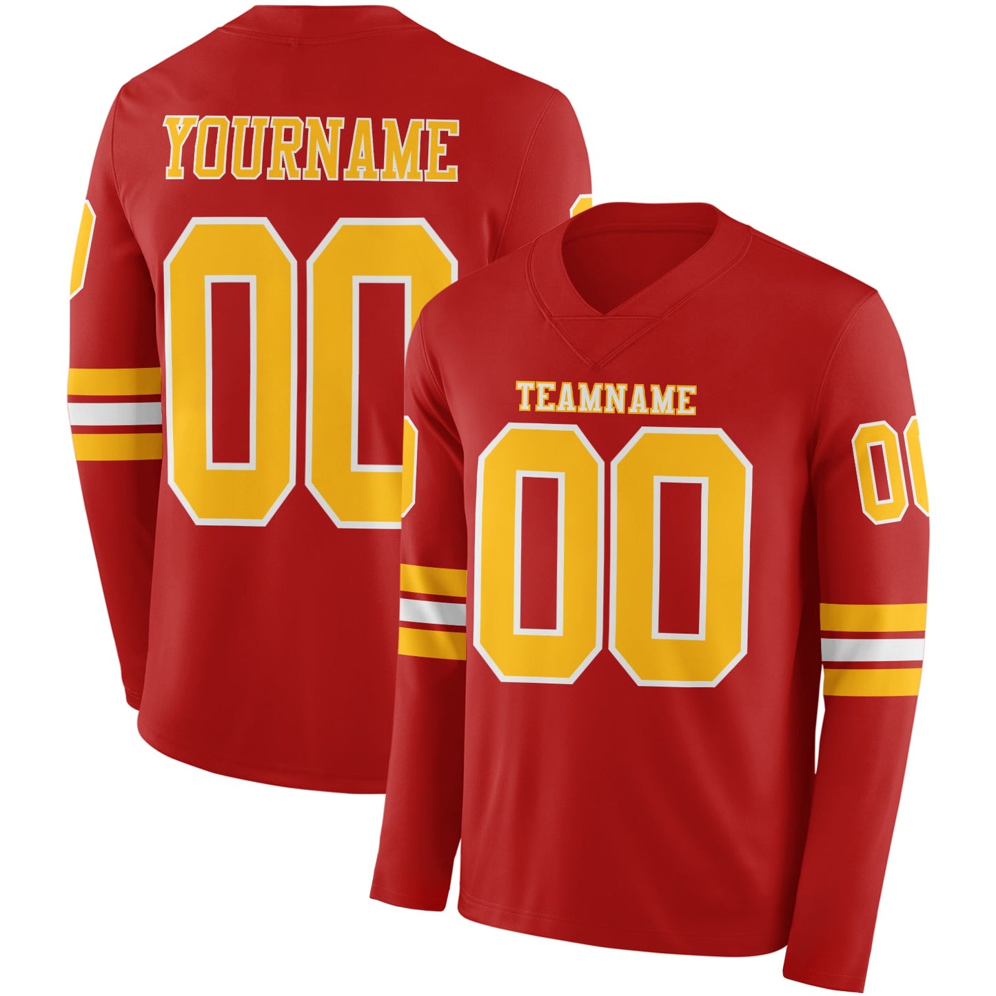 Custom Red Gold-White Long Sleeve Authentic Football Jersey - Main View