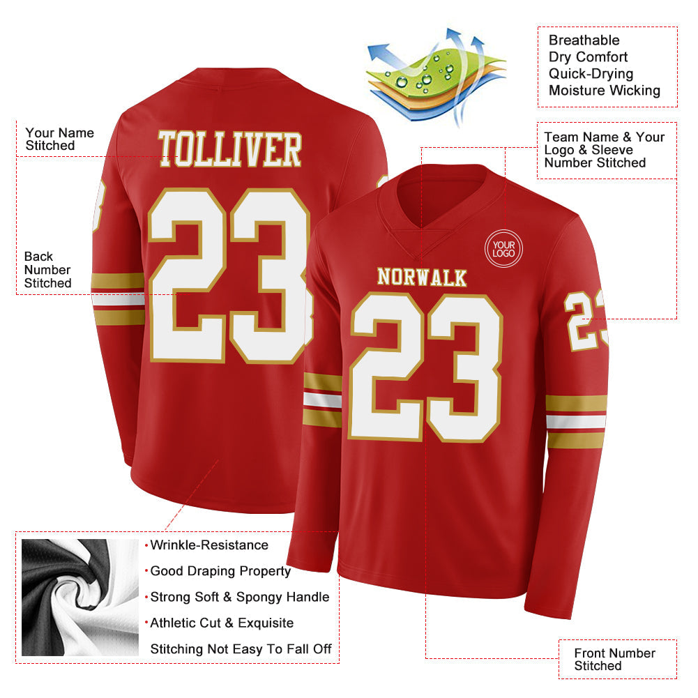 Custom Red White-Old Gold Long Sleeve Authentic Football Jersey view 2