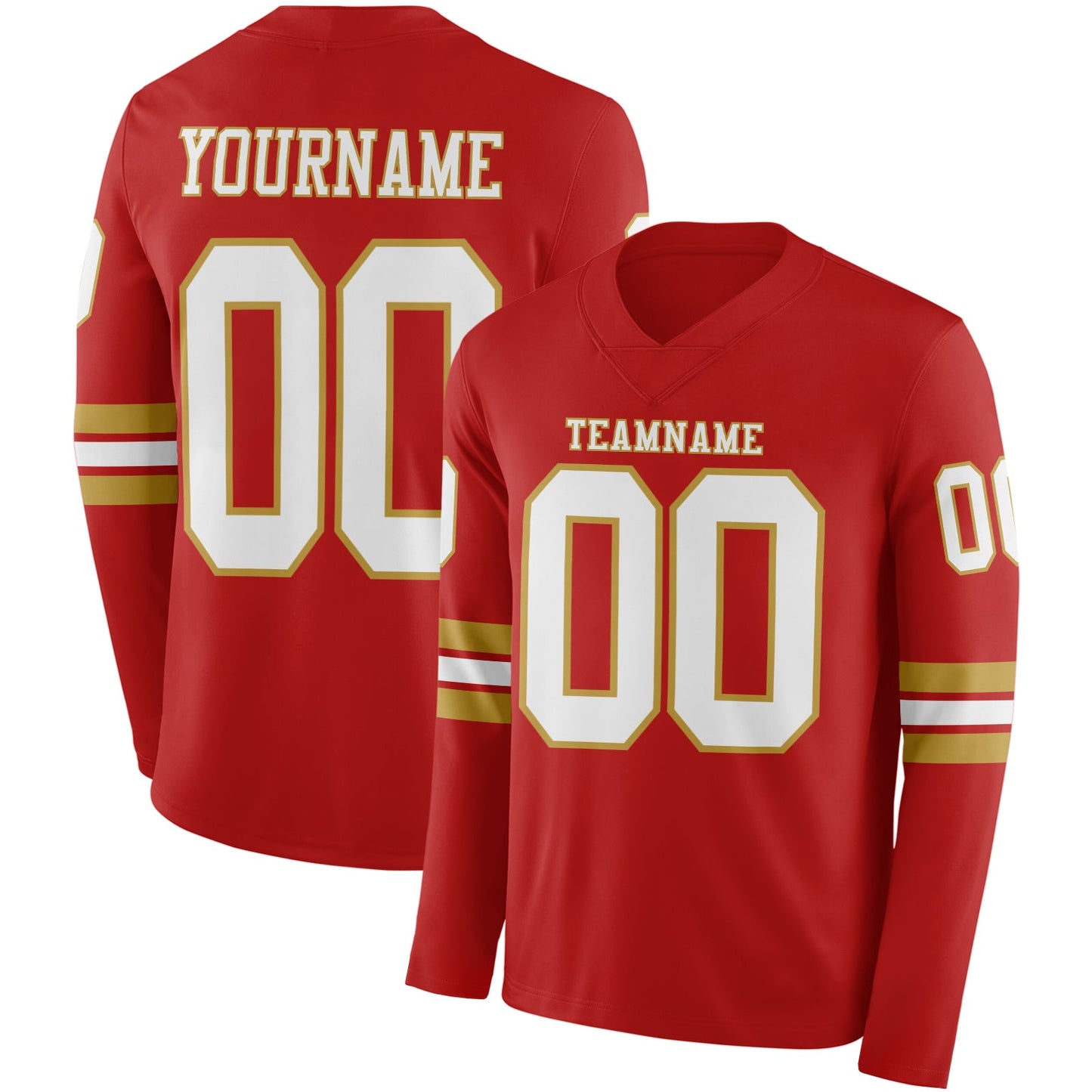 Custom Red White-Old Gold Long Sleeve Authentic Football Jersey - Main View