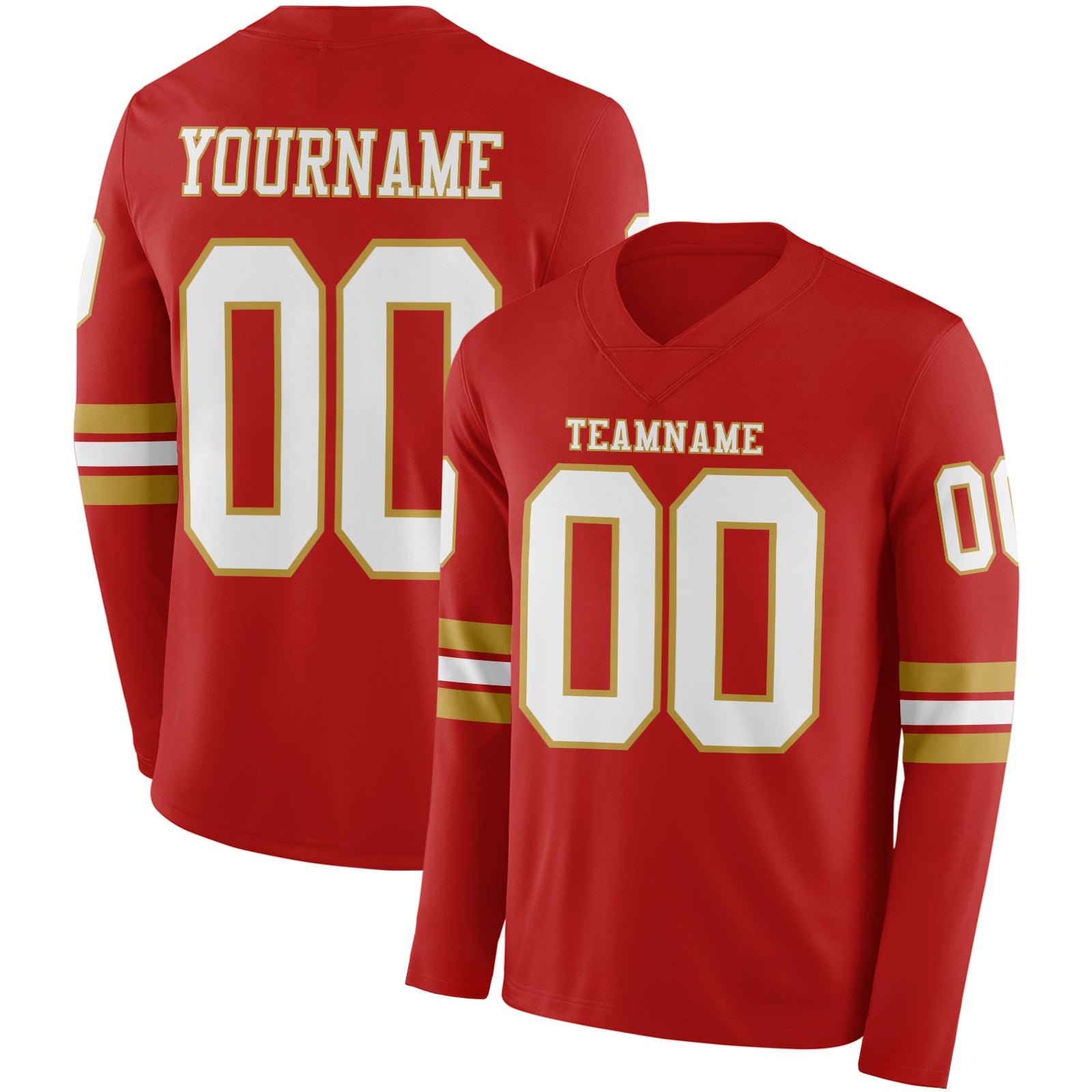 Custom Red White-Old Gold Long Sleeve Authentic Football Jersey - Main View
