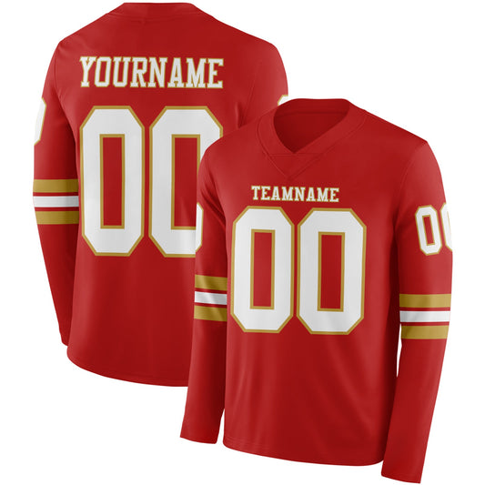 Custom Red White-Old Gold Long Sleeve Authentic Football Jersey - Main View