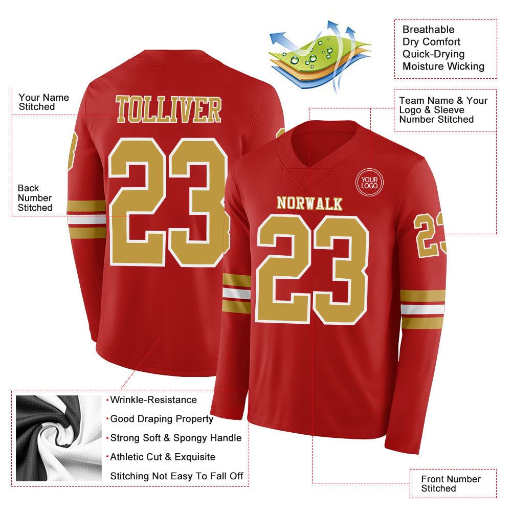 Custom Red Old Gold-White Long Sleeve Authentic Football Jersey view 2