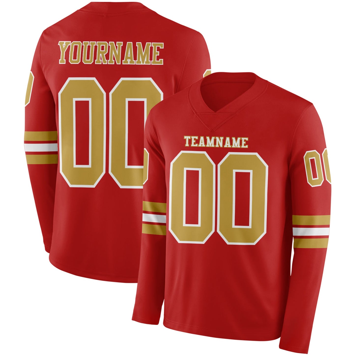 Custom Red Old Gold-White Long Sleeve Authentic Football Jersey - Main View