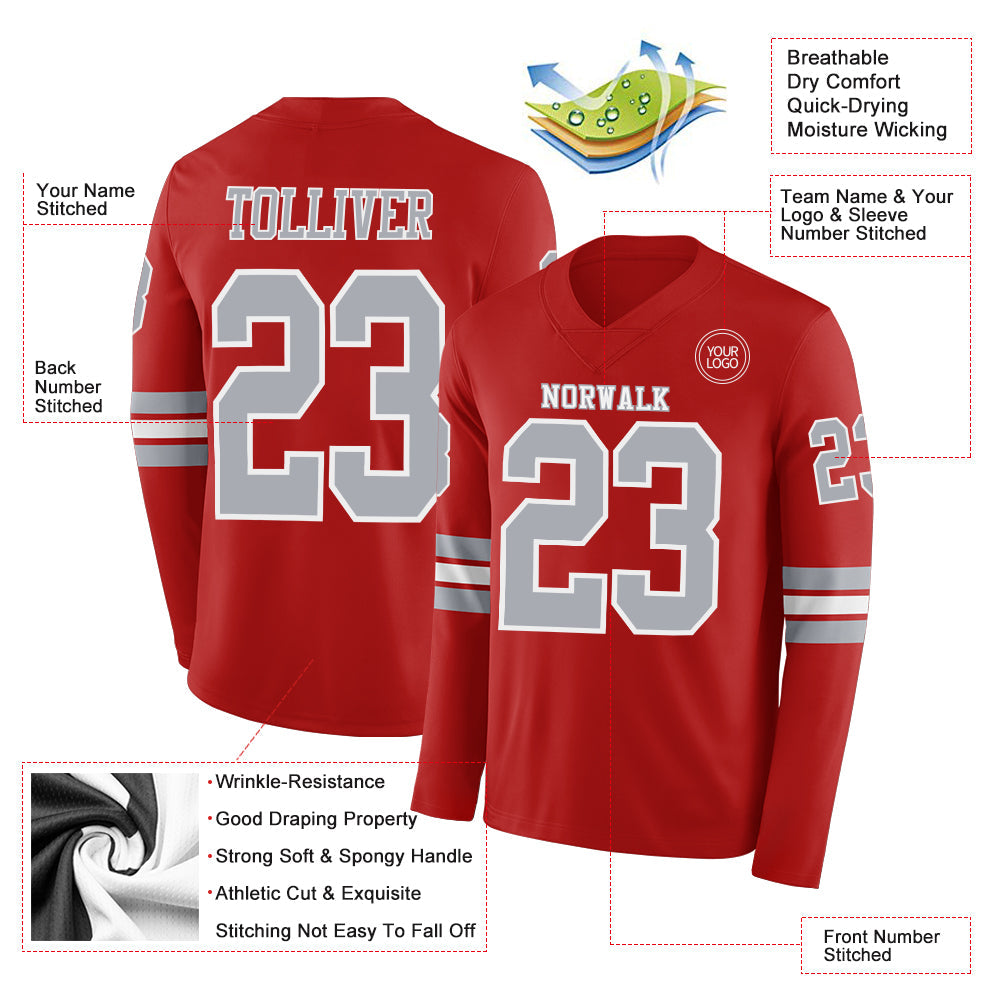 Custom Red Gray-White Long Sleeve Authentic Football Jersey view 2