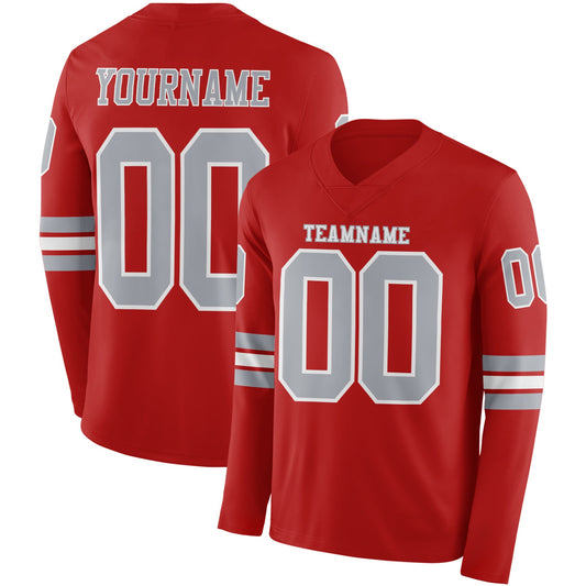 Custom Red Gray-White Long Sleeve Authentic Football Jersey - Main View