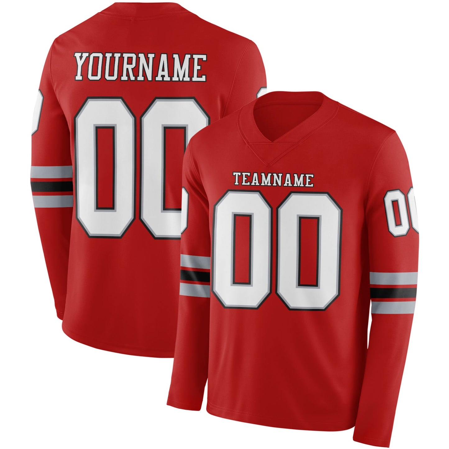 Custom Red White Gray-Black Long Sleeve Authentic Football Jersey - Main View
