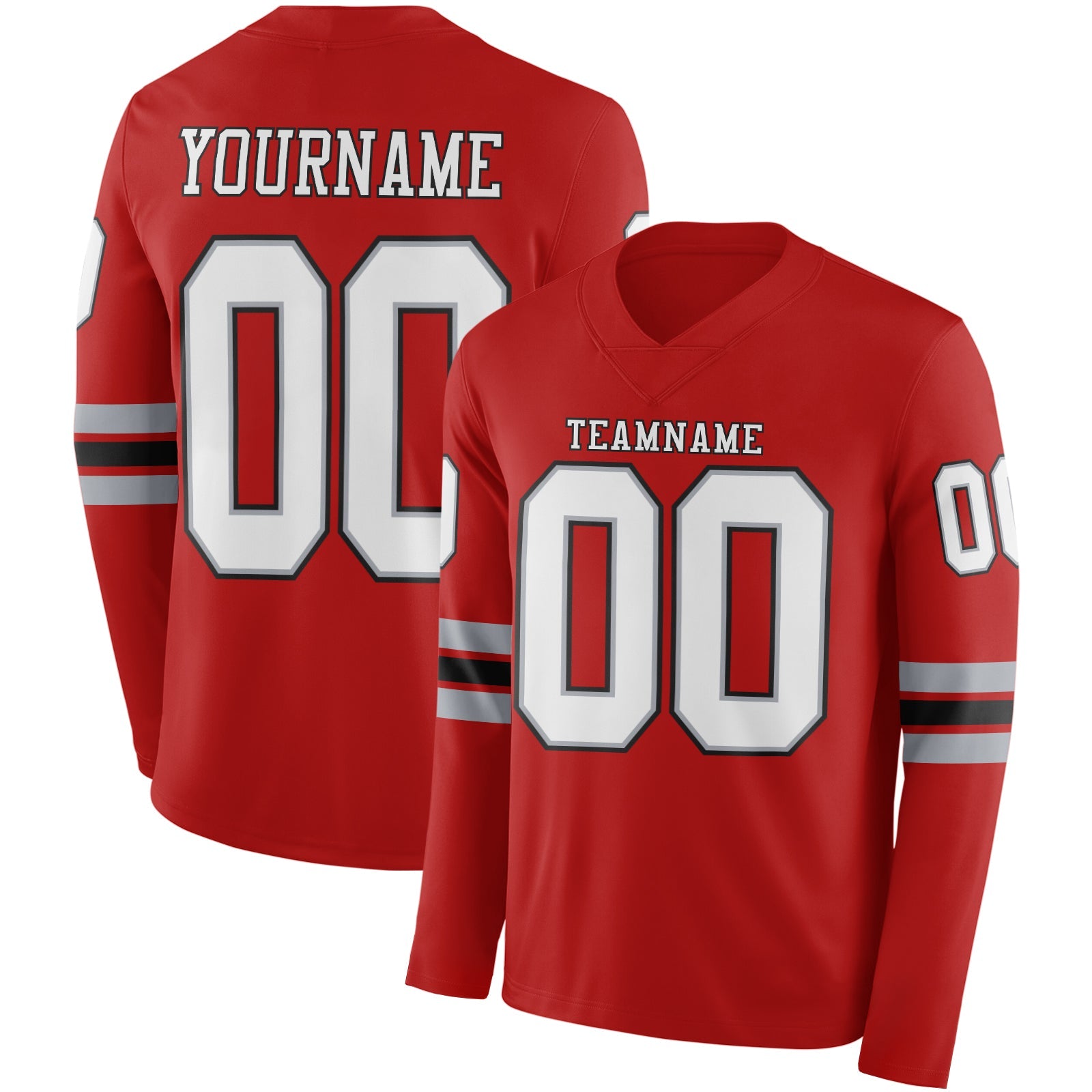 Custom Red White Gray-Black Long Sleeve Authentic Football Jersey - Main View