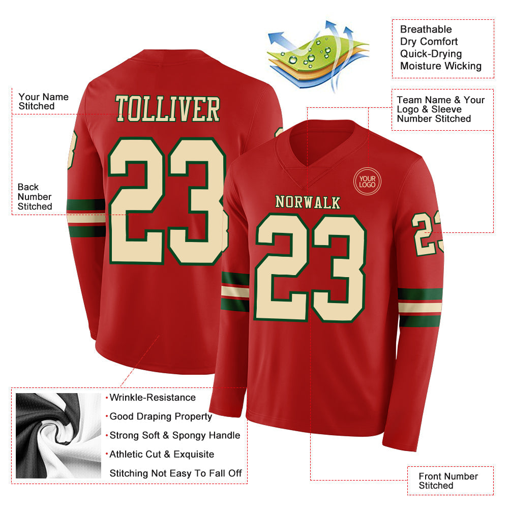 Custom Red Cream-Green Long Sleeve Authentic Football Jersey view 2